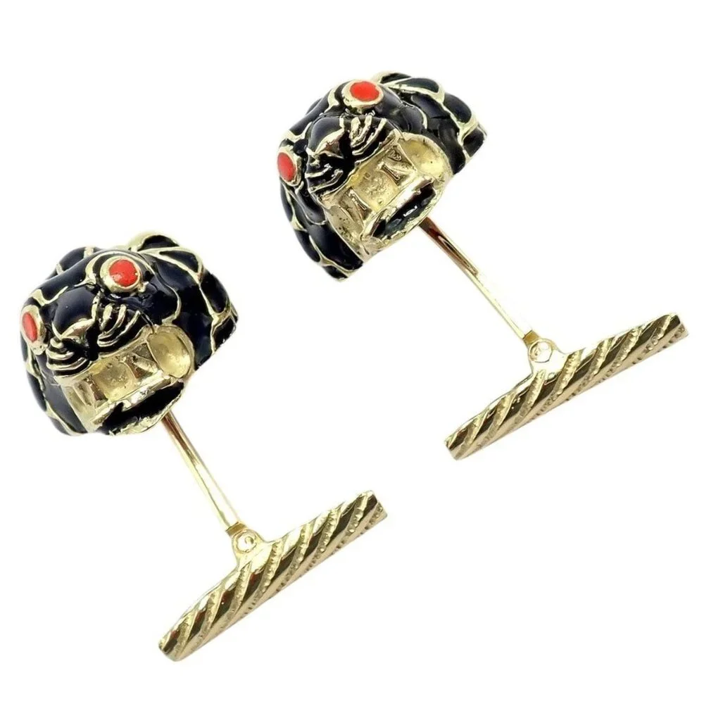 Vintage! David Webb 18k Yellow Gold Black Enamel Lion Cufflinks